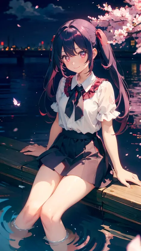 1 anime girl, alone,Black petals flutter, A mysteriously shining butterfly.city,bright pink hair,bright red jewel eyes,twin tails,thin legs,Gloomy cloudy sky,very clear,highest quality,smile,close up of face,Sit in the water,barefoot,cherry blossoms,turn t...