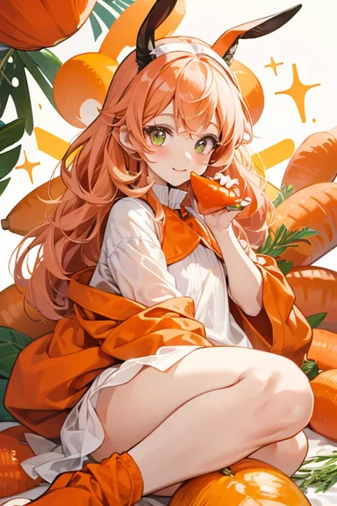 Carrots color scheme resembles a carrot. She has orange fur and light green bangs. Her eyes are small white dots with dark brown eyelashes, possible mascara, and she has small light pink blushes on her cheeks. The insides of her ears are pale pink. Her hor...