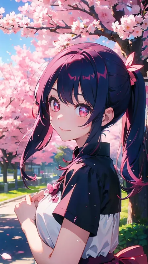 1 anime girl, alone,Black petals flutter, A mysteriously shining butterfly.city,bright pink hair,bright red jewel eyes,twin tails,thin legs,very clear,highest quality,smile,close up of face,cherry blossoms並木に立っている,cherry blossoms,turn to the side,cherry bl...