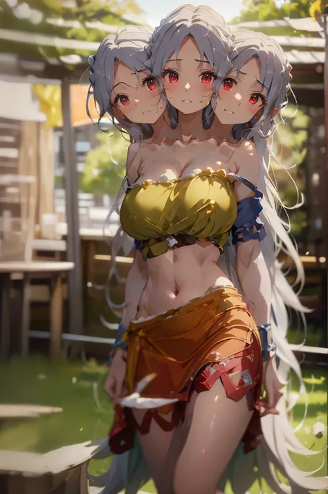 (masterpiece, best quality), best quality, (ultra-detailed), (3heads:1.5), 1girl, (nemuno sakata:1.3), masterpiece, best quality, ultra detail, ultra resolution, ultra detail, yellow/gold and orange top, crop top, ((stomach)), midriff, ((groin)), red skirt...