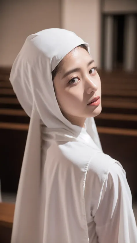 ((1girl)), in see-through nun suit, instant camera flash, pose at Church, makeup with glossy lip, small breasts, (white nun), various angle, ((face focus)), 22 years old, Beautiful Japanese Girl, (nsfw:1.4), (back pose), realistic light, realistic skin ton...