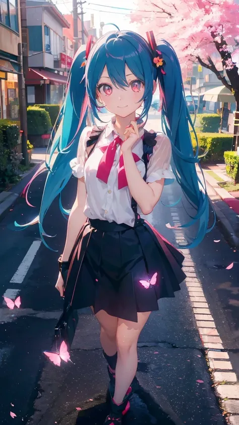 1 anime girl, alone,Black petals flutter, A mysteriously shining butterfly.city,Hatsune Miku,bright pink hair,bright red jewel eyes,twin tails,thin legs,beautiful morning,smile,very clear,highest quality,city,standing on the street corner,cherry blossoms,c...