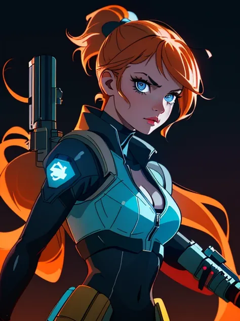 1girl, Sexy Experienced Cyberpunk Agent, ((32year old, dressed in a tight futuristic sci-fi bodysuit, cleavage, utility belt, boots, medium breasts, short orange hair, pony tail styled hair, light skin, natural makeup, athletic body:1.3, detailed blue eyes...