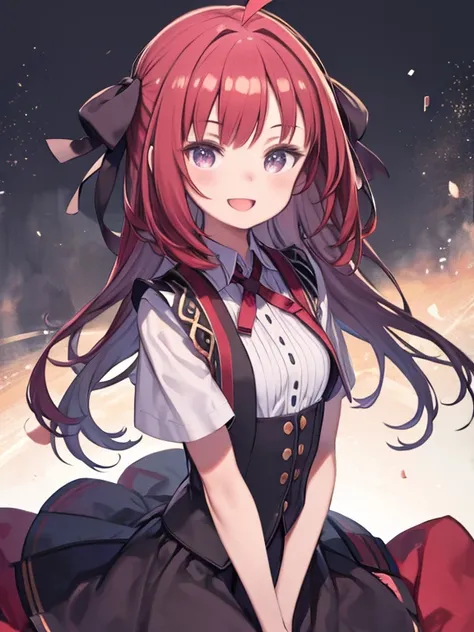 highest quality, masterpiece, High resolution, 一人in, (storm_Fleet Collection:1.15), length_hair, red_hair, One_~ ~ side_Excellent, Ahoge, Brown_eye, red面, ribbon, red_ribbon, vest, head_ribbon, light smile, chest, black_vest, blouse, 1 girl, alternine_cost...