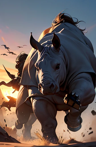 Create an image of a rhinoceros with human-like features engaged in a medieval battle. The focus of the image should be on the character, capturing accuracy in detail. The image should convey a sense of power, ferocity, and determination..