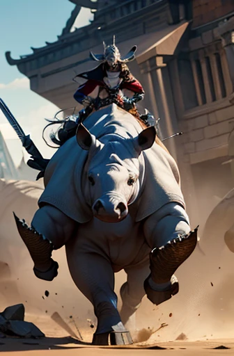 Create an image of a rhinoceros with human-like features engaged in a medieval battle. The focus of the image should be on the character, capturing accuracy in detail. The image should convey a sense of power, ferocity, and determination..