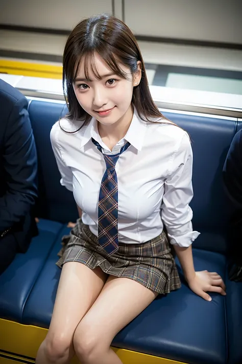 (8K), (highest quality: 1.2), (realistic), (realistic: 1.37), ultra high resolution, 1 girl, cute, smile, closed mouth, beautiful details, beautiful nose, wet hair, giant dulcefo, pork, thighs，Self snap,University Student Uniform,Sitting on a Tokyo train,s...