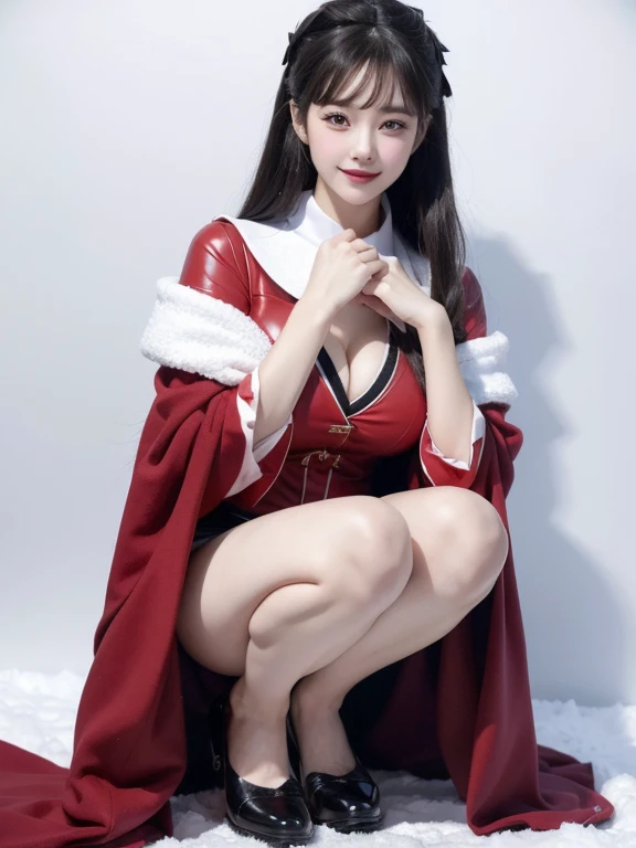 daughter，face camera，squatting and sitting，Slender legs，bare legs，(Focus on the thighs)，((External，Actual heavy snow，Cloak，covered with snow，(lolita costume)， Horizontal viewing angle)), , (8K, .original, professional, best quality, masterpiece: 1,2), (end...