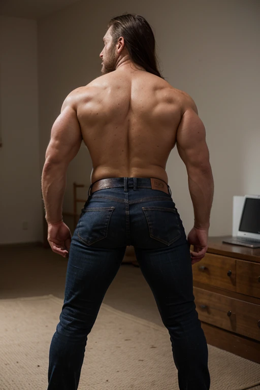 An impressive realistic photo of a large, muscular and masculine man, 45 years old, full body, naked, with tight black jeans and a bubble butt. on his back, facing the camera with sexy eyes and beard