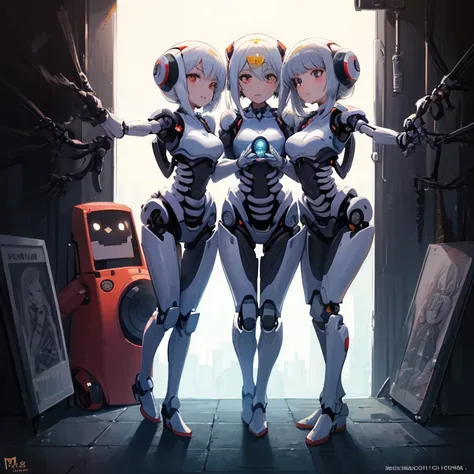 
(master piece, high quality), 
(three robot girls), 
(whole body), 
(Everything except the face is a machine),
(Internal skeleton exposed),
(group selfie), 
wide angle, The soft light looks at each other&#39;s bodies,