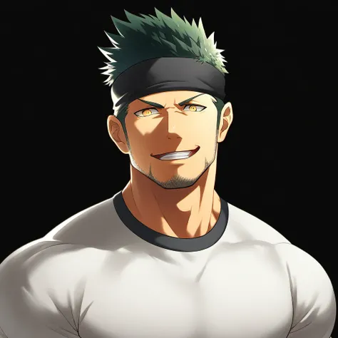 anime characters：priapus, 1 young muscular man, male focus, Sporty black headband, Off-white high collar tight T-shirt, old leather texture, Fleece fabric, muscular male, muscular, bara, Upper body, alone, white short hair, stubble, yellow eyes, blink, bla...