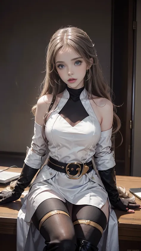 there is a woman sitting on a desk in a lab, amouranth, better known as amouranth, sitting on a lab table, young beautiful amouranth, doctor, amouranth as a super villain, sexy body, wearing lab coat and a blouse, experimenting in her science lab, sexy gir...