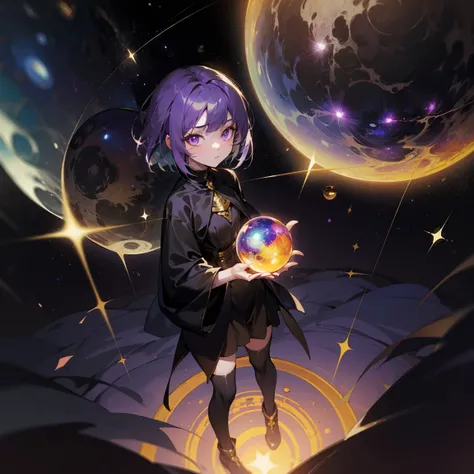 1teenager, girl, masterpiece, Best quality, looks at viewer, light from above, ((her touching a shiny purple sphere)), In the universe, black dress, loose black clothing with gold details, ((black stockings)), ((looking sleepy)), ((neutral expression)), da...