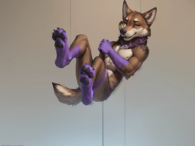 ((brown wolf dog with purple hands and purple feet with the purple fur that goes up from his foot up to his lower leg and upper leg brown in a adorable pose floating in mid air with a white background)), from backside, (by Homogenousrule, by Wildering, by ...