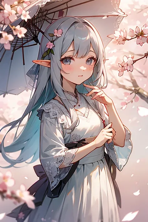 elf、long gray hair、Patsun bangs、lace dress、Cherry blossom viewing、cherry blossoms、手にcherry blossomsの花びら