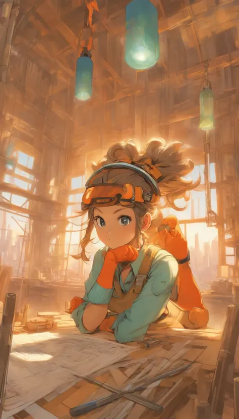 The image depicts a construction female worker or engineer overseeing a building site or project. The central figure is wearing a light blue collared shirt, orange gloves, a harness or utility belt, and a white hard hat with protective goggles.

They are h...