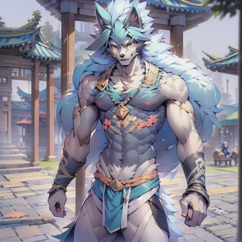 best quality, young,boyish,thin, 15 years old, hairy, alone, male wolf: 1.5, light blue fur: 1.3, Light blue ears, Animal ears, yellow eyes, Doll hands, muscular body, abdominal muscles, Wear Shaolin legs, topless, Standing in the courtyard of Shaolin Temp...