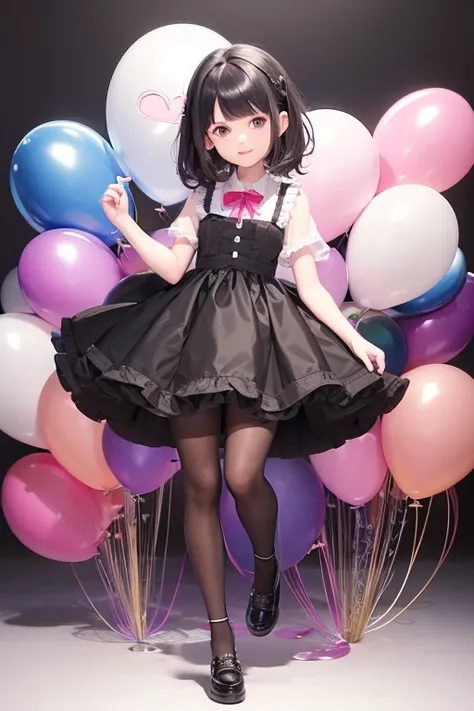 a  12 years old girl holdoing a lot of balloons, full body, stomp balloon, big ribbon on her hair,