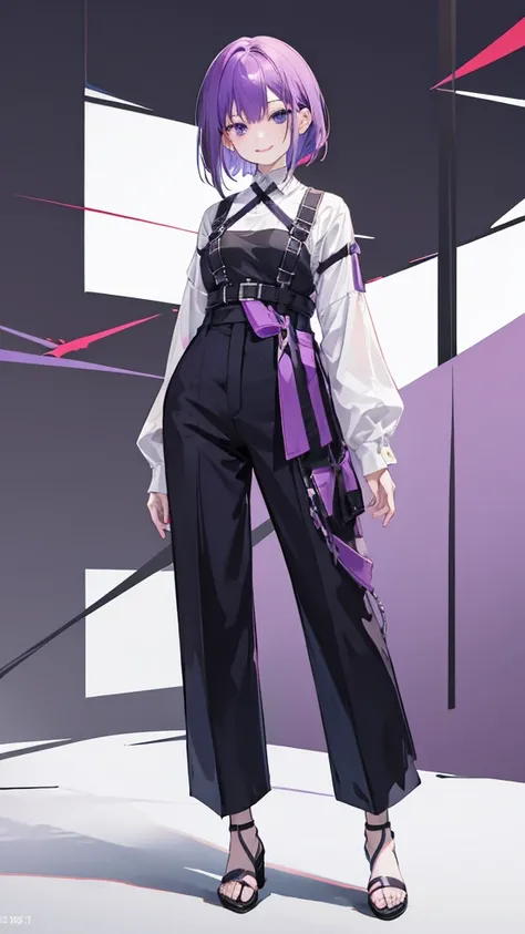 Girl with purple hair,medium bob hair,Harness,long trousers,Heel,simple background,smile,whole body,full body,standing position,Standing picture,VTuber,front,How to look at the viewer,視線をfrontに,