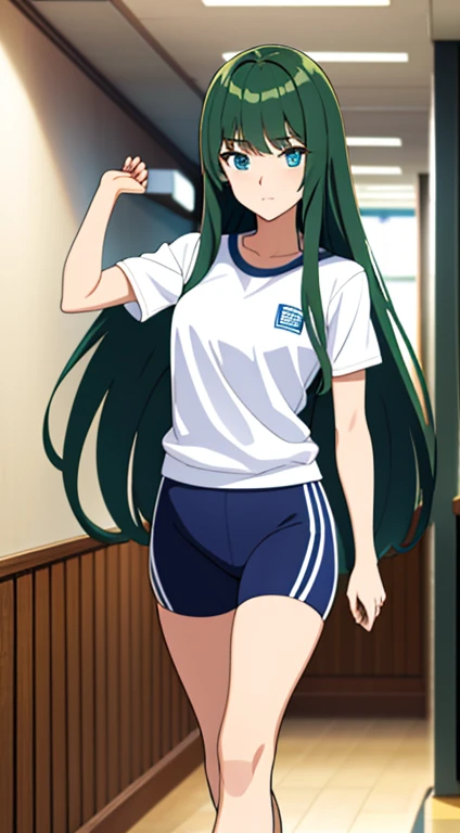 A hot female student with dark green long hair and blue eyes in gym clothes, background is a hallway in a ship