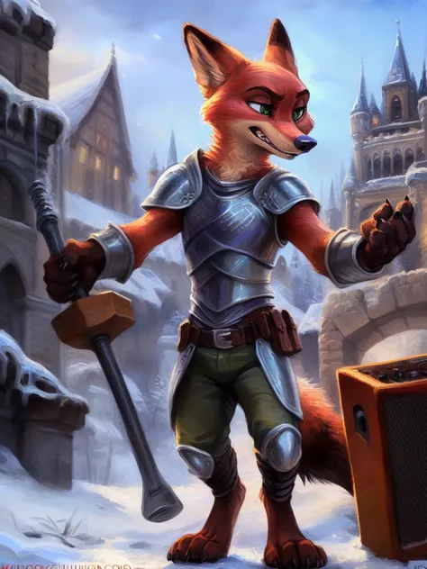 (8K, best quality, masterpiece), (author：hioshiru、kenket 和 dimwitdog, Michael &amplifier; Zaush, Inessa Garmash, ruan jia, Pino Deheni, chunie), Nick Wilde (Nick Wilde) Play as a paladin with a hammer, silver armor, proud gesture, upright, young adults, gr...