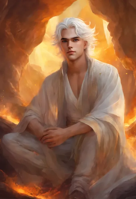 Photo of a guy with white hair and yellow eyes, High detail, Clarity, 8 cc, young guy, 18 years, light gray hair, short haircut, Yellow eyes, grin, fire crown, lava is everywhere, A huge cave, guy kneeling near the lake, realism, fantasy,