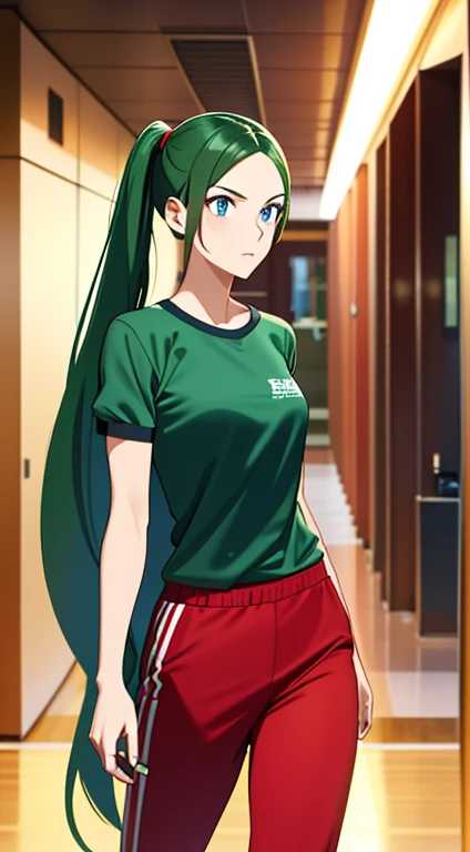 A hot female student with dark green long ponty-tail hair and blue eyes in gym shirt with red track pants, background is a hallway in a ship
