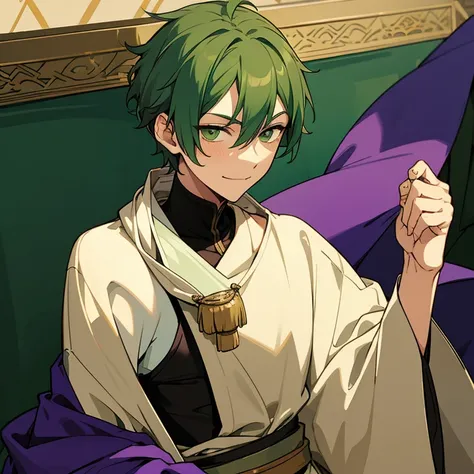 1 boy, green hair, green eyes, calm face, handsome, smile, short hair, missy hair, sarcastic, ancient middle eastern purple clothes, ancient Arabian purple cloth