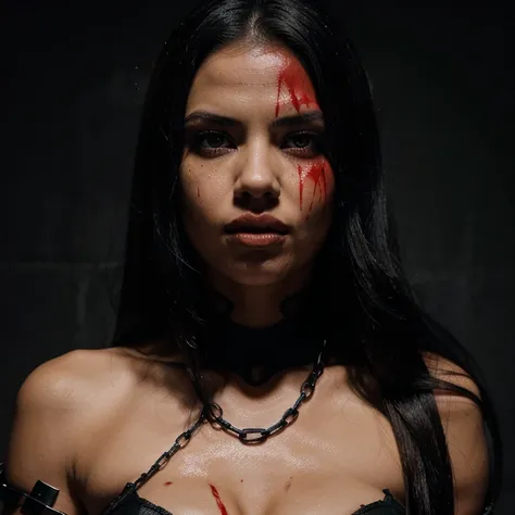 Black color scheme Spider woman Adriana Lima, beautiful covered in blood, good quality, depression, cuffed up with chains , mouth is filled with blood, looking straight forward, full face of blood, Emerald eyes