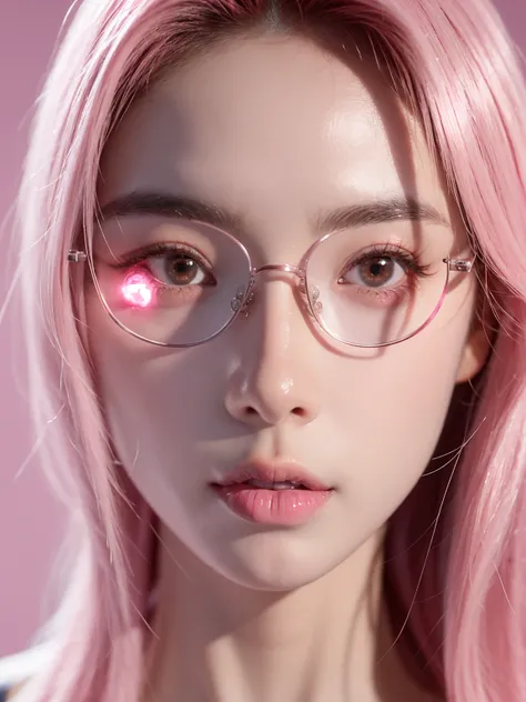 Close-up of a woman with Pink hair wearing glasses, artwork in Guvez style, Guvez, kawaii realistic portrait, inspired by Cheng Yanjun, glowing Pink face, Pink girl, Beautiful anime portrait, Pink glasses, glowing Pink eyes, Realistic anime 3D style, Yanju...