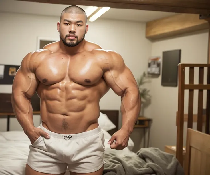 fat face, (inside bedroom:1.2), Japanese man, Chinese man, Korean man, Taiwanese man, manly face, (round face:1.4), (monolid eyes:1.2), (buzz cut:1.4), very large and strong body, bulging muscles, very large pectoral muscles, muscular arms, muscular abs, m...