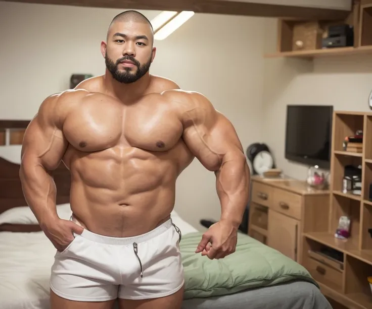 fat face, (inside bedroom:1.2), Japanese man, Chinese man, Korean man, Taiwanese man, manly face, (round face:1.4), (monolid eyes:1.2), (buzz cut:1.4), very large and strong body, bulging muscles, very large pectoral muscles, muscular arms, muscular abs, m...