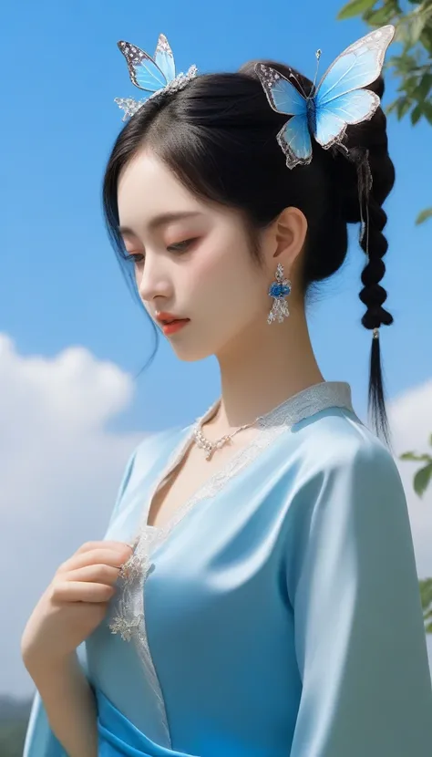 1girl, solo, long_hair, looking_at_viewer, black_hair, hair_ornament, dress, jewelry, closed_mouth, upper_body, flower, earrings, sky, hair_bun, from_side, blue_sky, blue_dress, chinese_clothes, bug, butterfly, branch, back_cutout