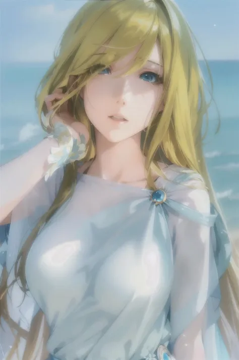 anime girl with long blonde hair and blue dress on the beach, anime goddess, beautiful anime girl, beautiful anime woman, beauti...