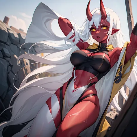 (((red-skinned girl))),((long white hair, yellow eyes,sexy clothes,big breasts,red horns)),vivid colors,fantasy style,dramatic lighting,(best quality,4k,8k,highres,masterpiece:1.2),ultra-detailed,(realistic:1.1),(HDR:1.1),(portraits:1.1),intense colors,sha...