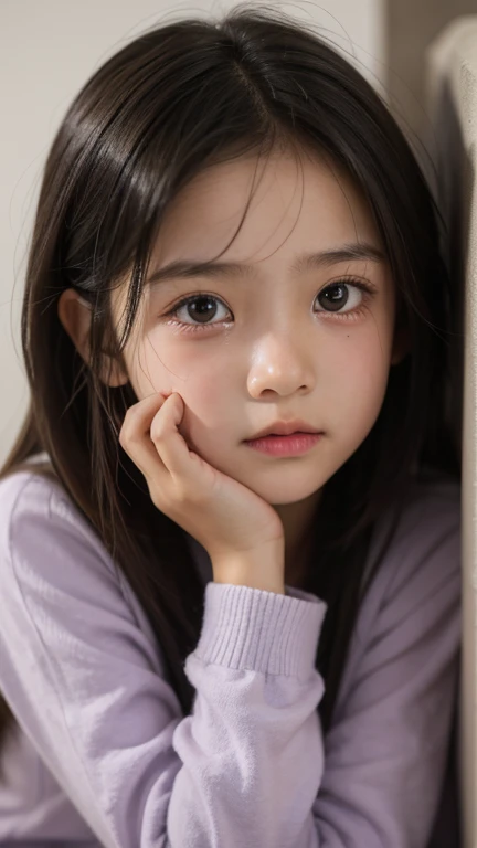 a 10-year-old girl，hide in a corner，tears falling down cheeks，realistic face， facing the camera，medium long shot