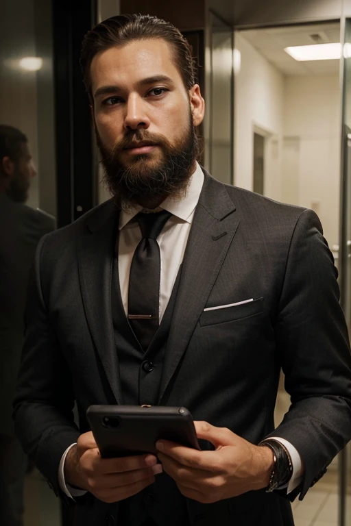 take the image of the man above, leave him with a bushy beard and leave him in a formal suit and holding his cell phone with both hands