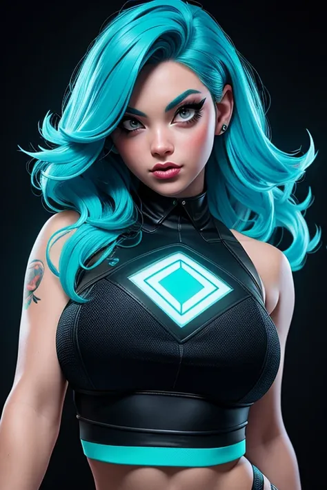 ((Best Quality)), ((Masterpiece)), ((Realistic)) and ultra-detailed photography of a 1nerdy girl with goth and neon colors. She has ((turquoise hair)), wears a (tech-wear top) and a (black thong, red pattern:1.2) , ((beautiful and aesthetic)), sexy, under-...