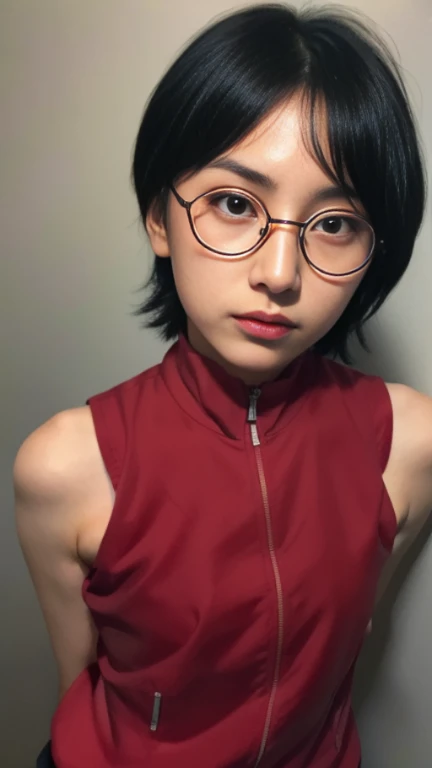 (highres,masterpiece:1.2),ultra-detailed,realistic,professional,beautiful detailed eyes,beautiful detailed lips,dark hair,short black hair,red glasses,stunning black eyes,clear skin,18-year-old girl,fashionable short hairstyle,vibrant red glasses,Shinobi A...