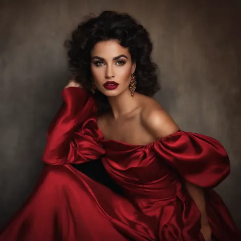 Mujer con cabello corto, negro y rizado cubriendo su ojo izquierdo, red silk dress with sweetheart neckline and off-the-shoulder sleeves, ojos miel