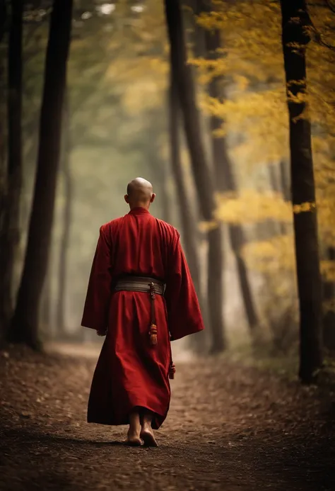 Chinese monk, Dressed in traditional robes, Walking gracefully into the woods，front Photo.