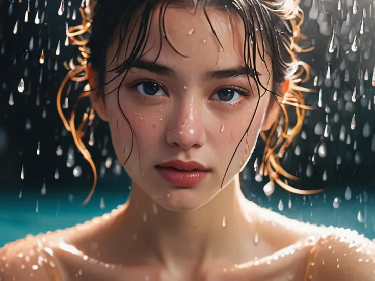 8k, masterpiece, best quality, style chinese, surreal dramatic lighting shadow, (lofi, analog), kodak film by Brandon Woelfel Ryan McGinley,
background is wet tshirt (water drops:1.2), splash detailed,
1girl, perfect face, perfect eye, looking at viewer, (...