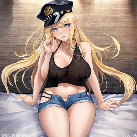 Ultra-high quality masterpiece, tall, 23-year-old woman, one woman, blonde beauty, long hair, blue eyes, lovestruck face, black police hat, white tank top, see-through breasts, belly button exposed, ripped denim shorts, crotch emphasis, sexy pose, on bed  