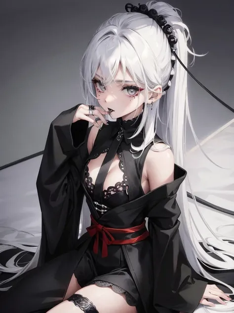 Masterpiece, best quality, high quality, ultra detailed, 1girl, looking at viewer, white hair, gray eyes, black lipstick, black shirt, sitting on a white floor, demon girl, gothcore, 1 7 - year - old, goth girl, japanese gothic, gothic punk style, black me...