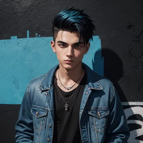 20 year old boy with black hair with blue tips wearing black jacket with blue jeans blue shirt light blue shirt looking straight ahead towards the viewer with a can of paint in his hand and a silver necklace dark blue band with skull print background of a ...