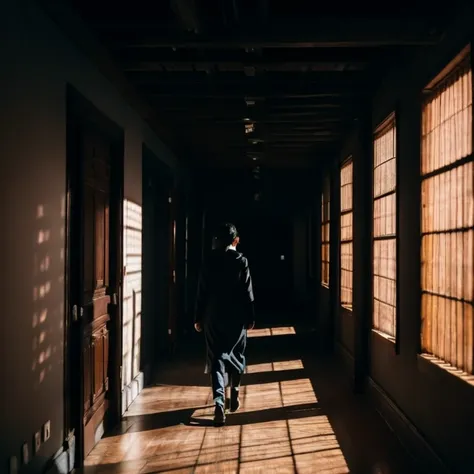 An image of a person walking down an empty, dark hallway, with only a faint light along. The persons face is obscured by shadows, conveying a feeling of isolation and disconnection