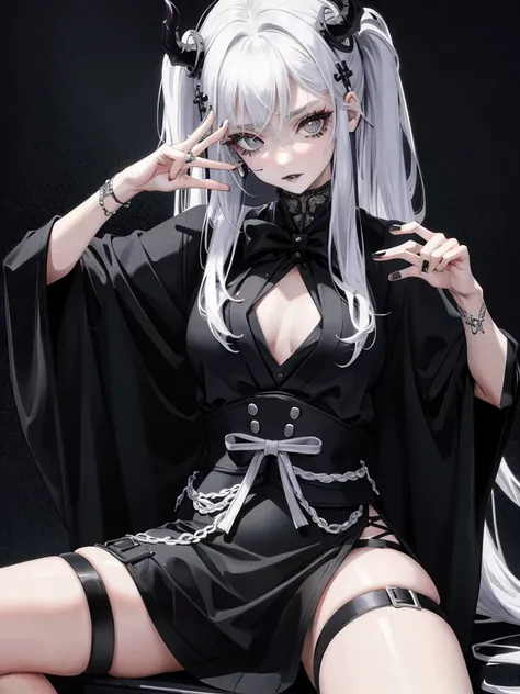 Masterpiece, best quality, high quality, ultra detailed, 1girl, looking at viewer, white hair, gray eyes, black lipstick, black shirt, sitting on a white floor, demon girl, gothcore, 1 7 - year - old, goth girl, japanese gothic, gothic punk style, black me...