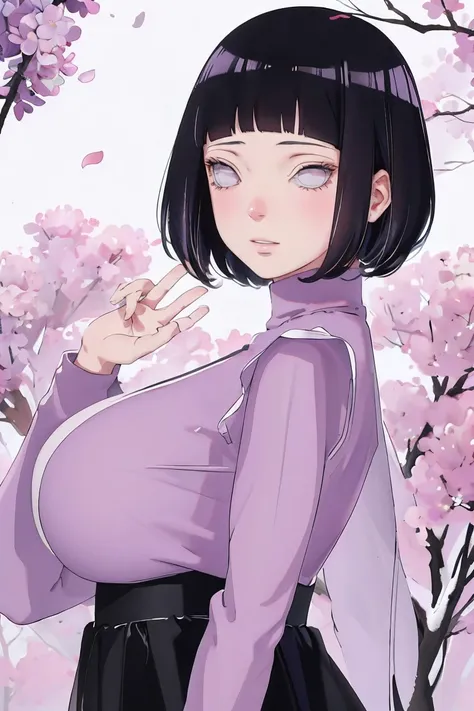 { - anatomy error} (Masterpiece - Ultra-detailed, very high resolution) (huge titusty, masterpiece, absurdres, hinata(boruto), 1girl, solo,mature female, lilac turtleneck blouse, black pant, looking at viewelling petals), perfect composition, detailed lips...