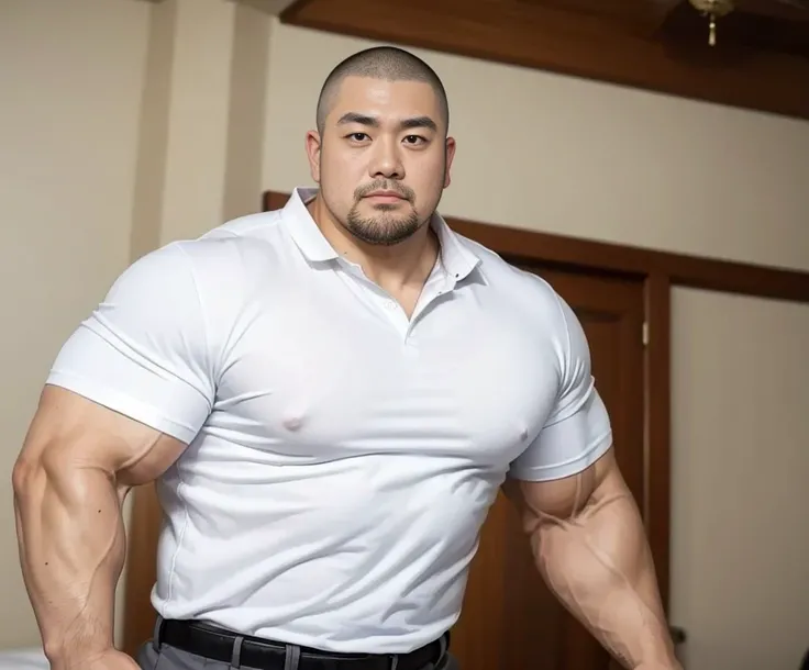 (wearing white shirt:1.4), fat face, (inside bedroom:1.2), Japanese man, Chinese man, Korean man, Taiwanese man, manly face, (round face:1.4), (monolid eyes:1.2), (buzz cut:1.4), very large and strong body, bulging muscles, very large pectoral muscles, mus...