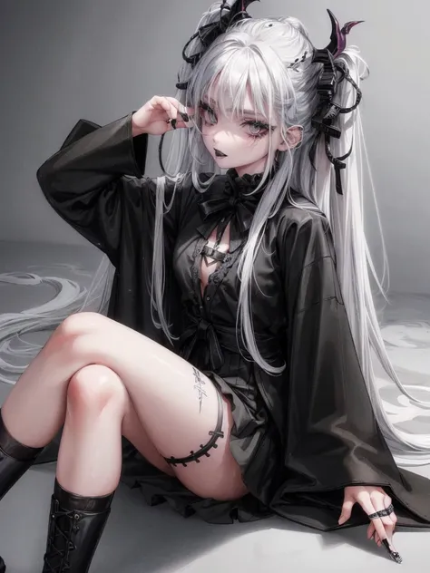 Masterpiece, best quality, high quality, ultra detailed, 1girl, looking at viewer, white hair, gray eyes, black lipstick, black shirt, sitting on a white floor, demon girl, gothcore, 1 7 - year - old, goth girl, japanese gothic, gothic punk style, black me...